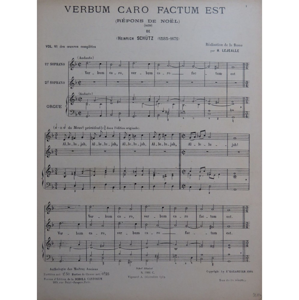 SCHÜTZ Heinrich Verbum Caro Factum Est Chant Orgue 1919