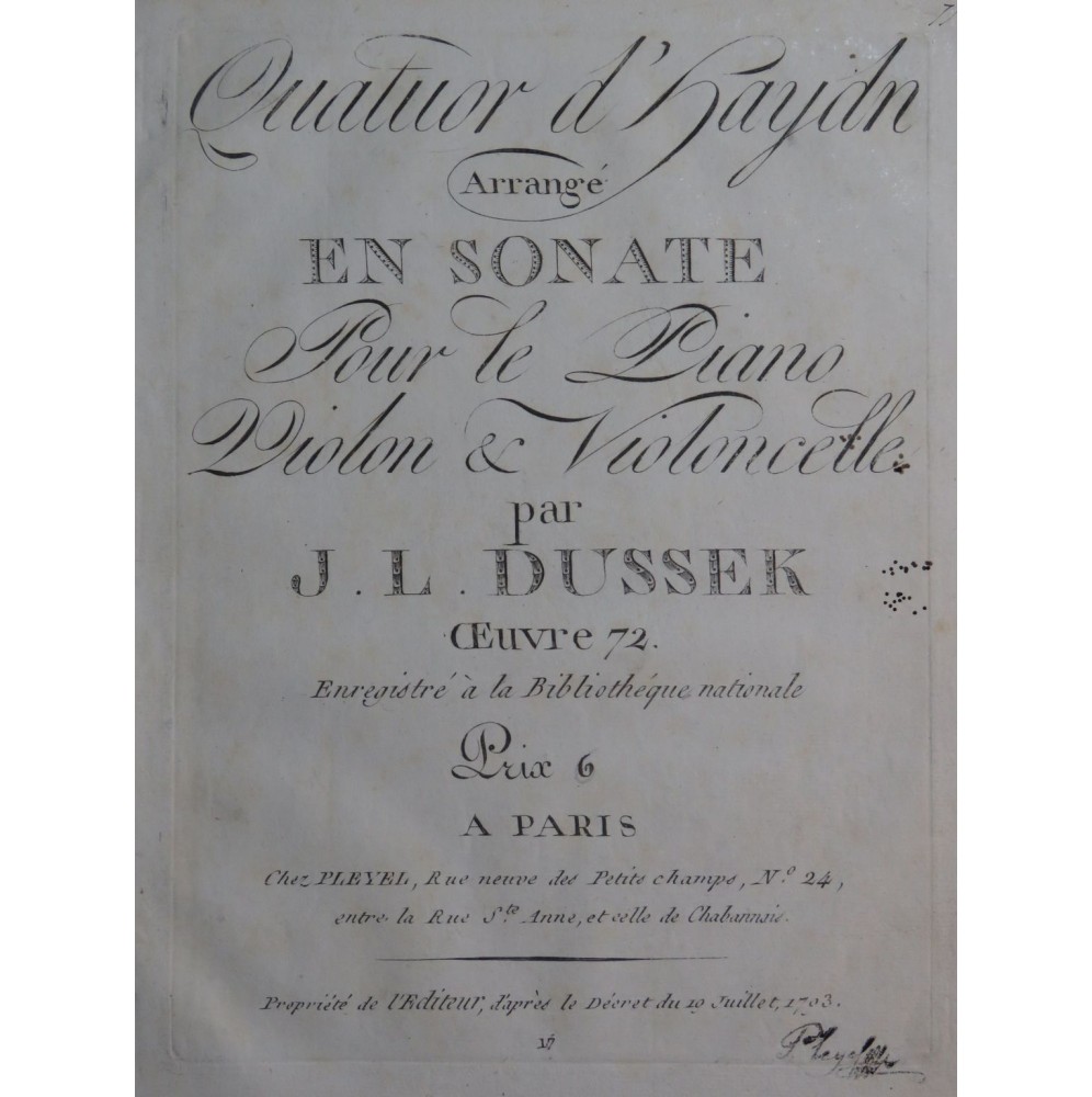 DUSSEK J. L. Quatuor d'Haydn Sonate op 72 Piano ca1796