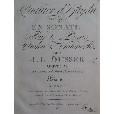 DUSSEK J. L. Quatuor d'Haydn Sonate op 72 Piano ca1796