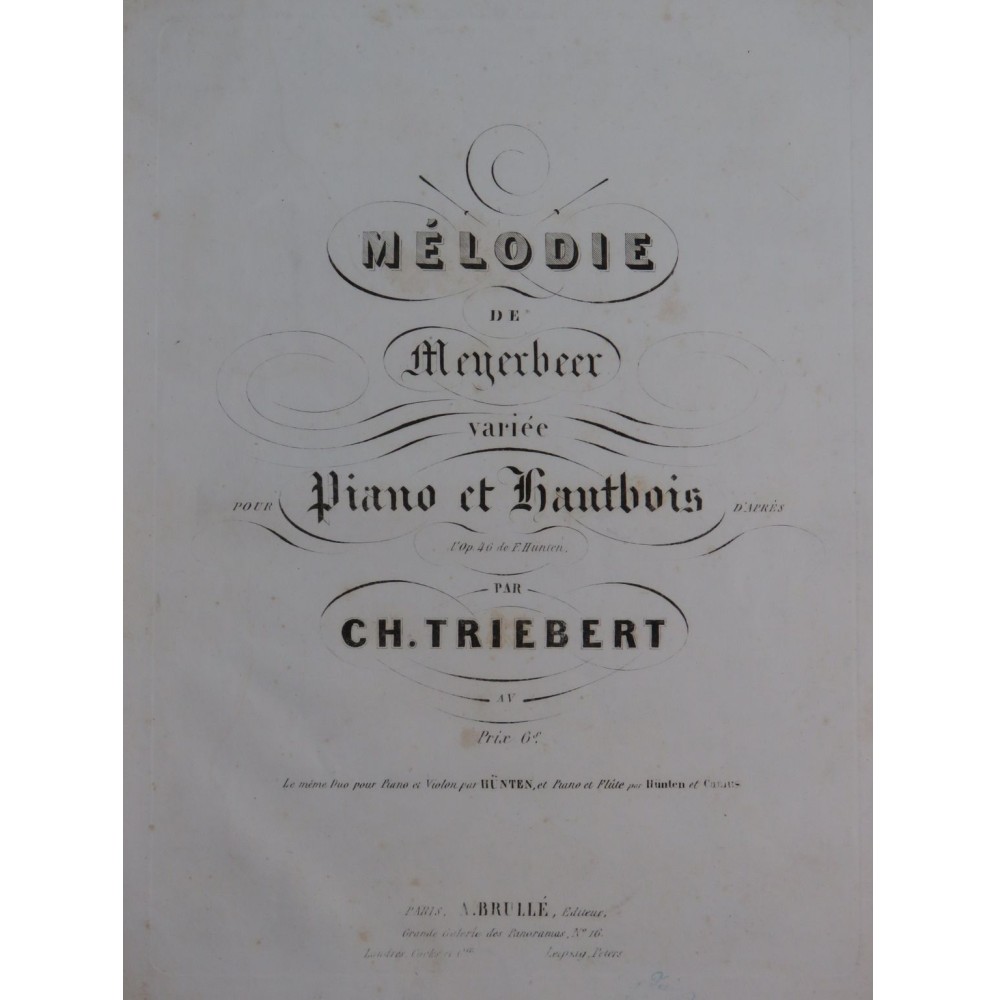 HÜNTEN François Mélodie de Meyerbeer Piano Hautbois ca1845