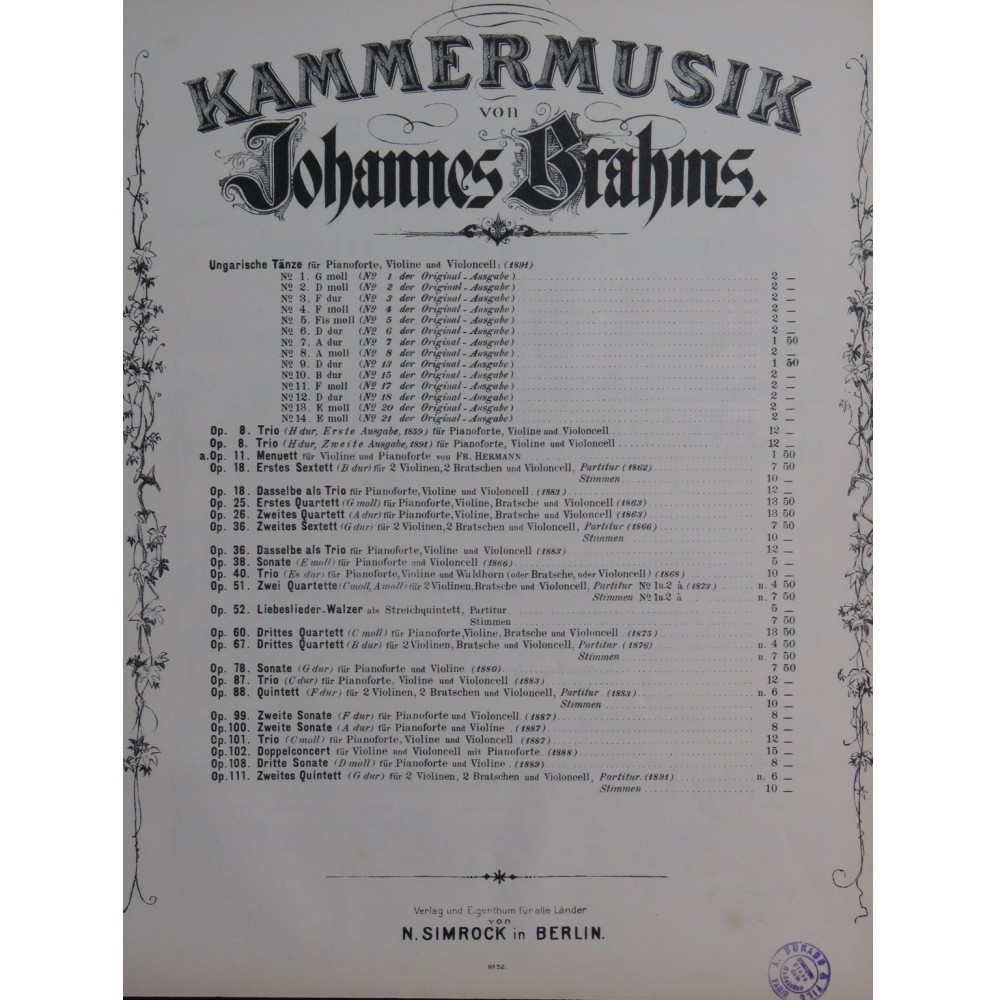 BRAHMS Johannes Sonate op 100 Piano Violon ca1891