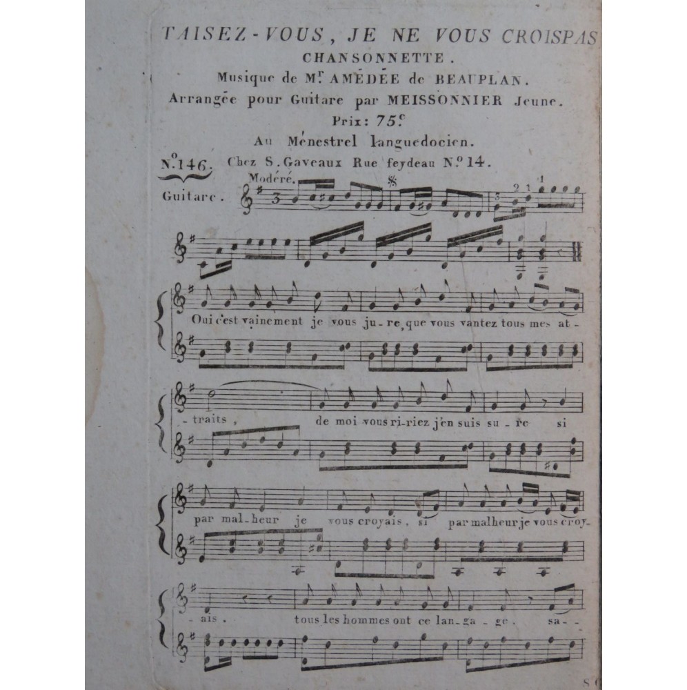 DE BEAUPLAN Amédée Taisez-vous, je ne vous crois pas Chant Guitare ca1820