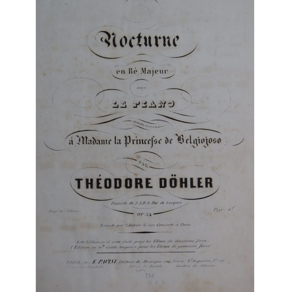 DÖHLER Théodore Nocturne en Ré Majeur op 24 Piano ca1840