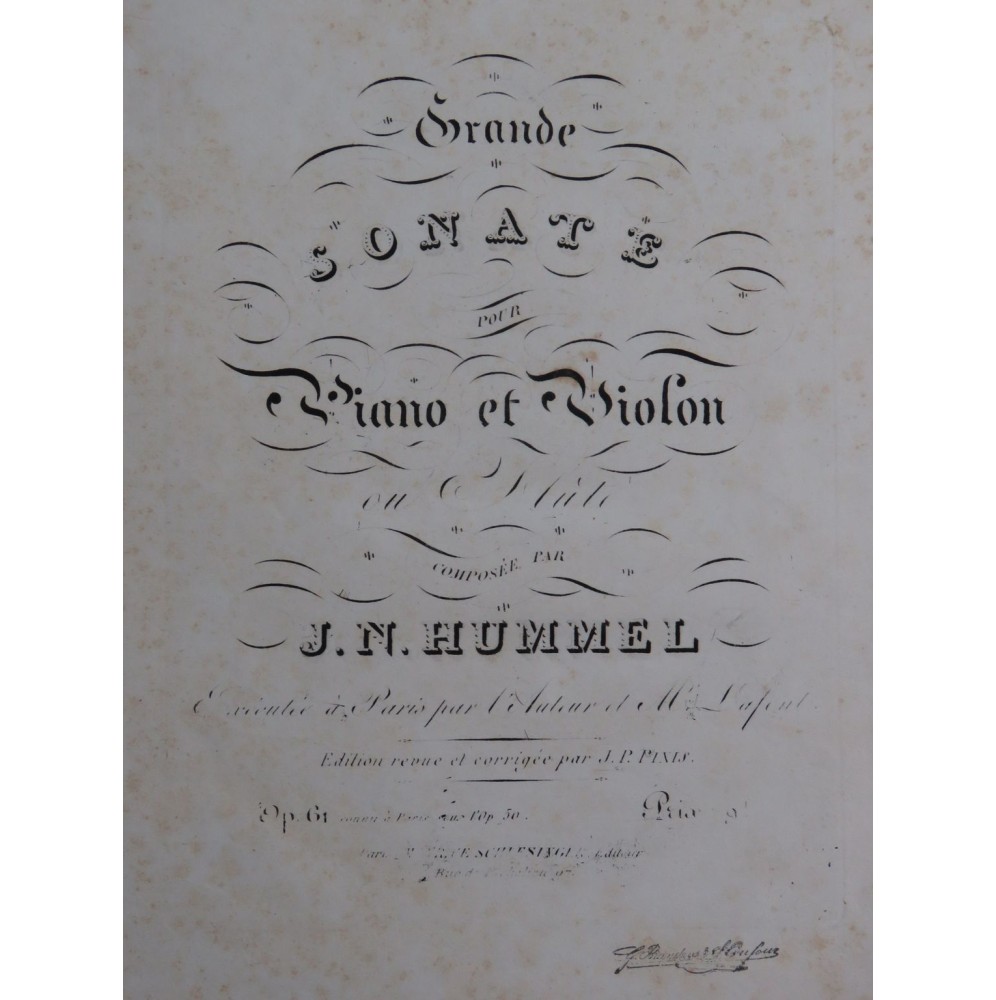 HUMMEL J. N. Grande Sonate op 50 Piano Violon ou Flûte ca1825