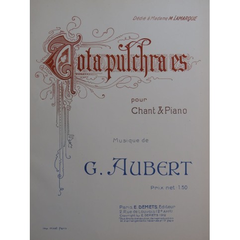 AUBERT Gaston Tota Pulchra Es Chant Piano 1912