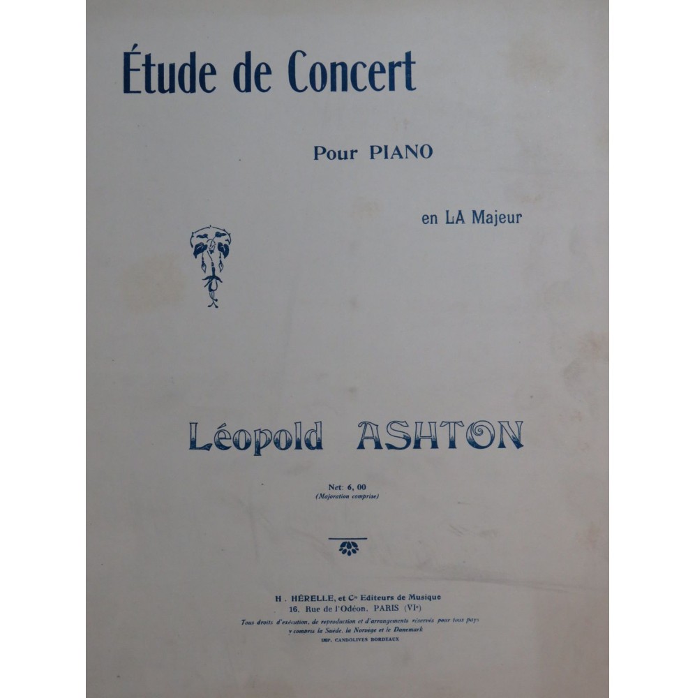 ASHTON Léopold Étude de Concert en la majeur Piano 1925