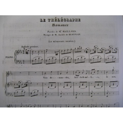 DE BEAUPLAN Amédée Le Thélégraphe Piano Chant 1834