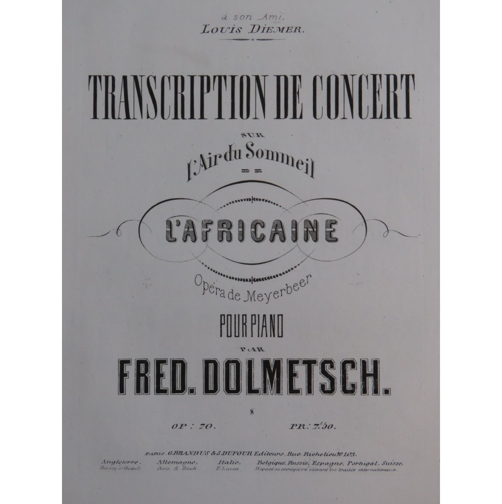 DOLMETSCH Frédéric L'Africaine Transcription op 70 Piano ca1866