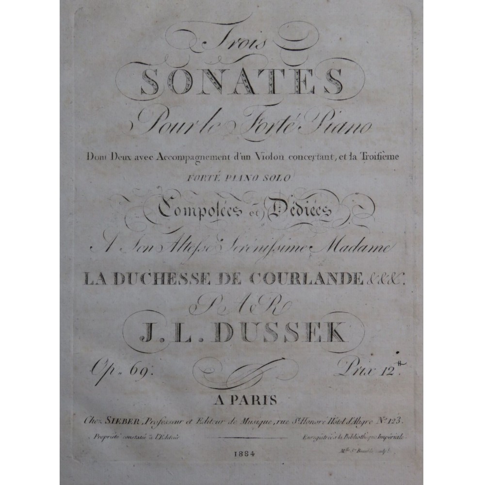 DUSSEK J. L. Trois Sonates op 69 Violon ca1810