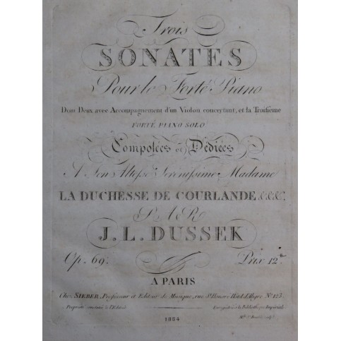 DUSSEK J. L. Trois Sonates op 69 Violon ca1810