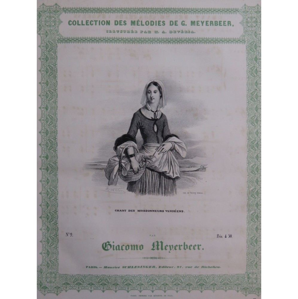 MEYERBEER G. Chant des Moissonneurs Vendéens Chant Piano ca1840