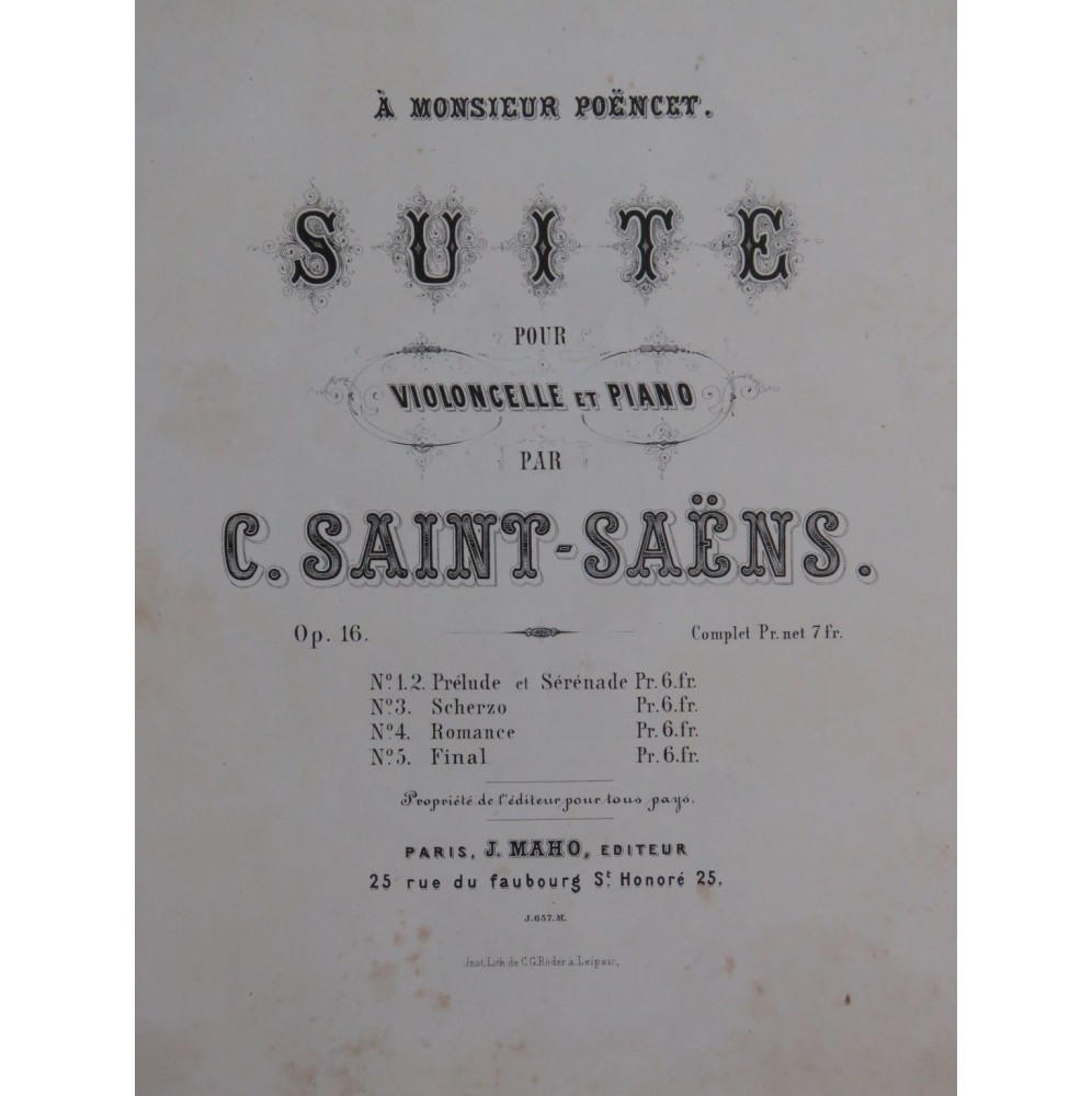 SAINT-SAËNS Camille Suite op 16 Piano Violoncelle 1866