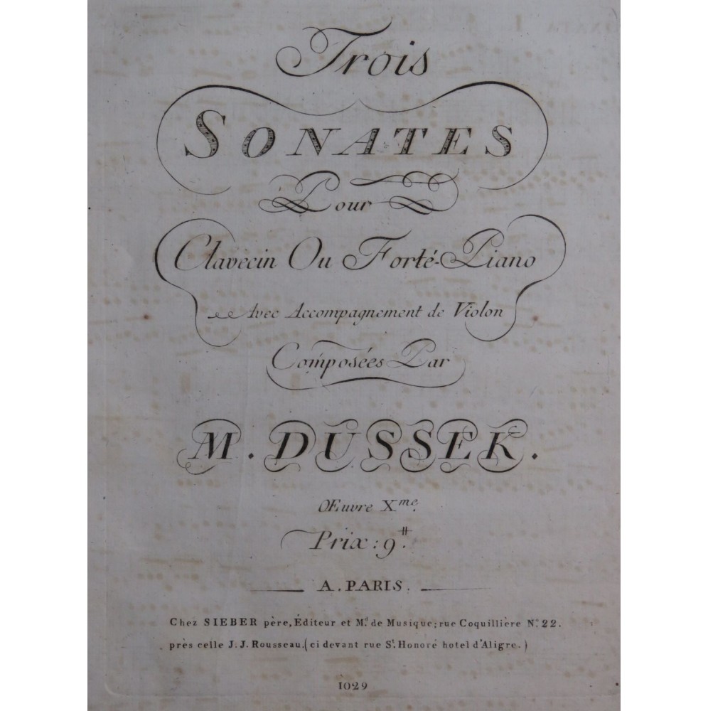 DUSSEK J. L. Trois Sonates op 10 Violon ca1790