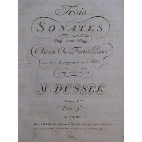 DUSSEK J. L. Trois Sonates op 10 Violon ca1790