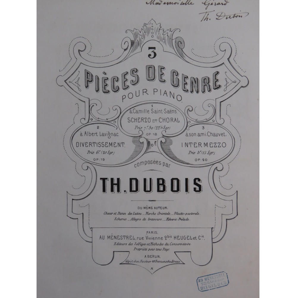 DUBOIS Théodore Divertissement op 19 Dédicace Piano 1870