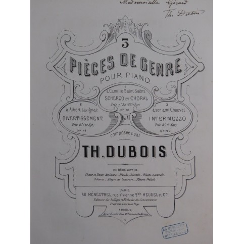 DUBOIS Théodore Divertissement op 19 Dédicace Piano 1870