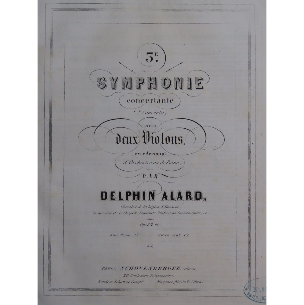 ALARD Delphin Symphonie No 3 Violon Piano ca1850