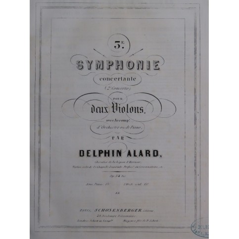 ALARD Delphin Symphonie No 3 Violon Piano ca1850