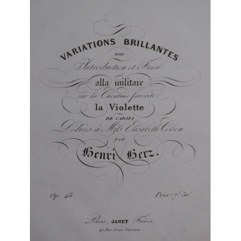 HERZ Henri Variations Brillantes sur la Violette op 48 Piano ca1830