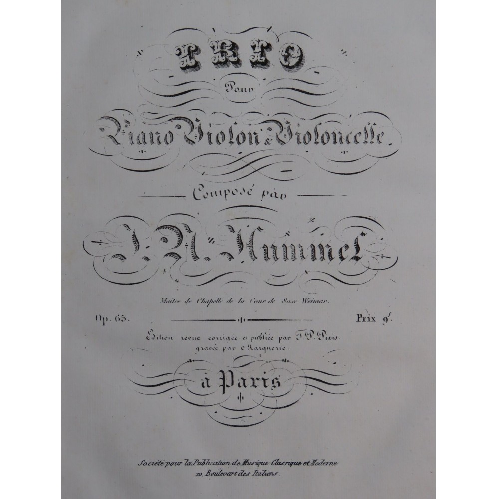 HUMMEL J. N. Trio op 65 Piano Violoncelle ca1820