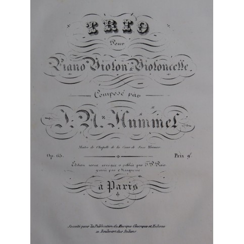 HUMMEL J. N. Trio op 65 Piano Violoncelle ca1820