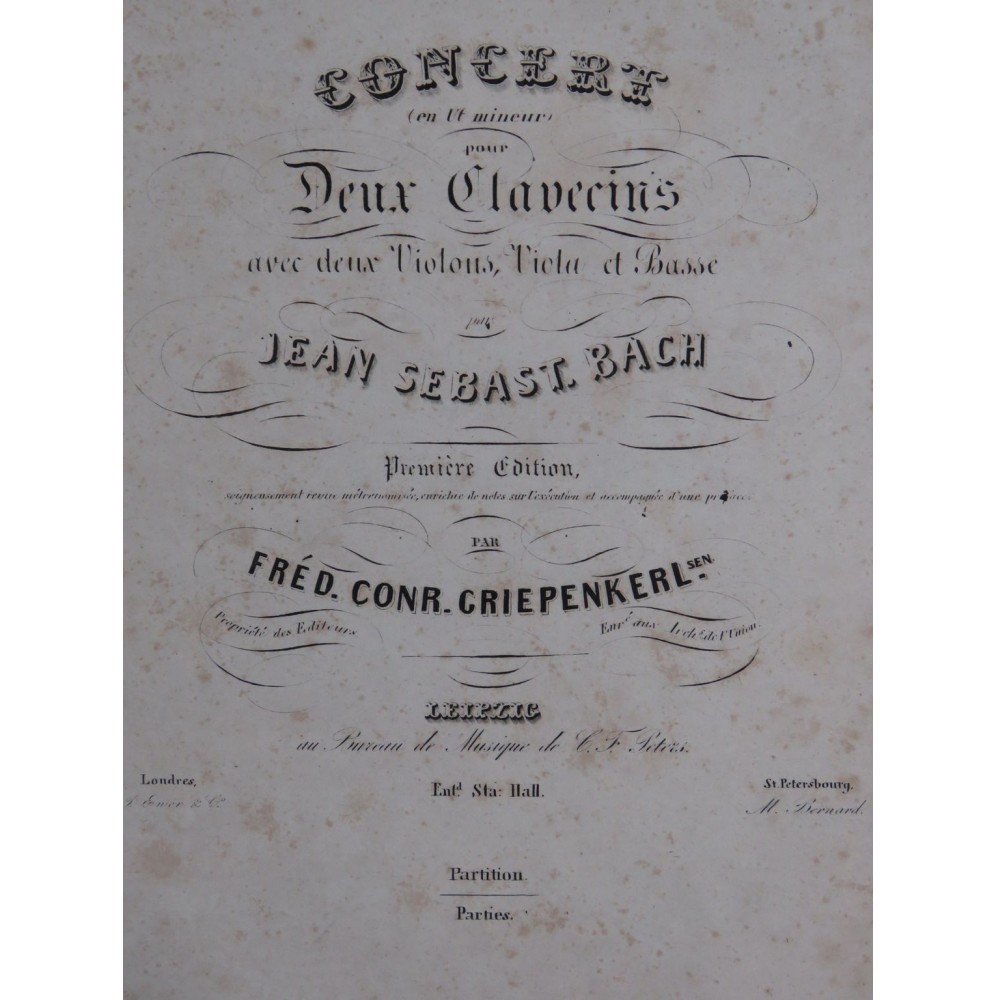 BACH J. S. Concert en Ut mineur BWV 1060 2 Clavecins Violon Alto 1848