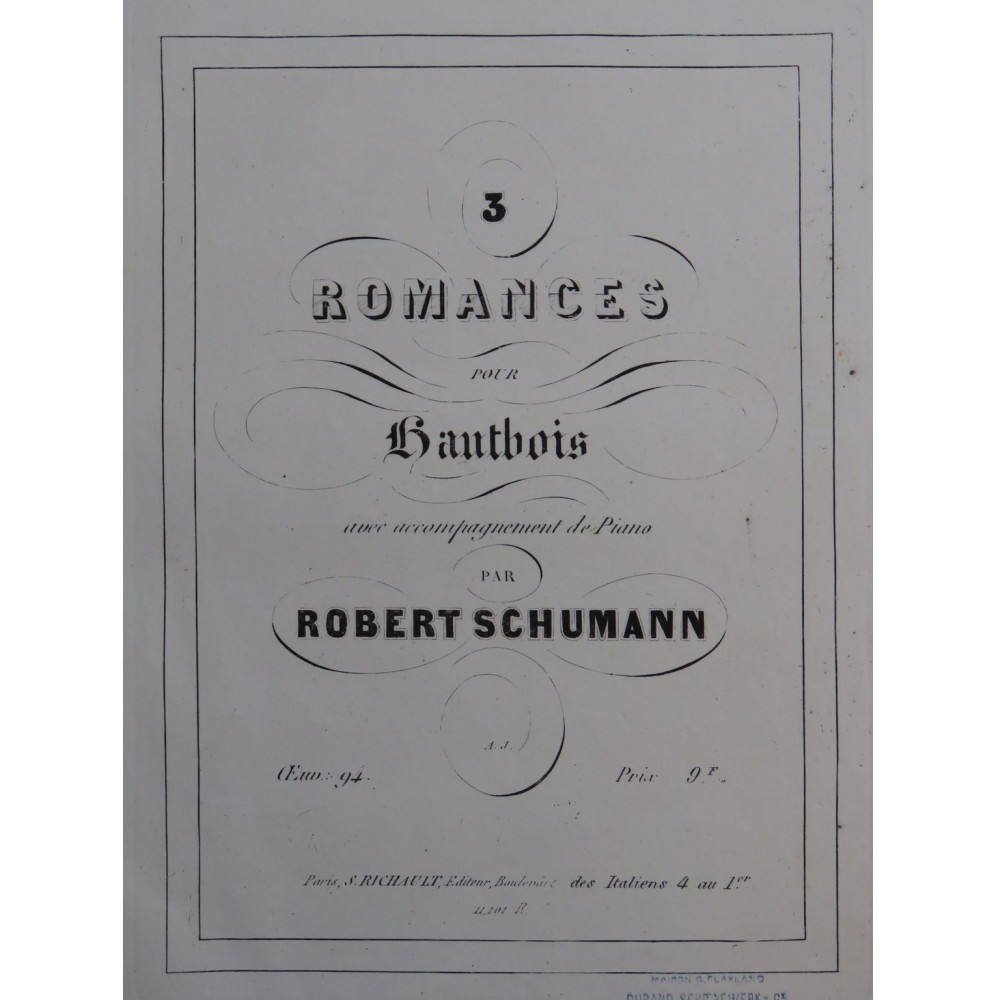 SCHUMANN Robert Trois Romances op 94 Piano Hautbois ca1850