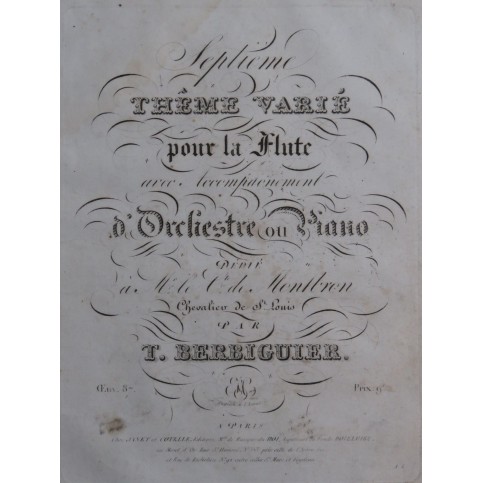 BERBIGUIER Tranquille Thême Varié No 7 op 87 Flûte ca1827