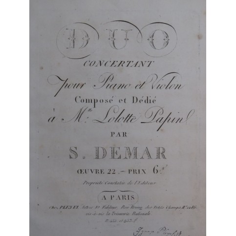 DEMAR Sébastien Duo Concertant op 22 Piano ca1805