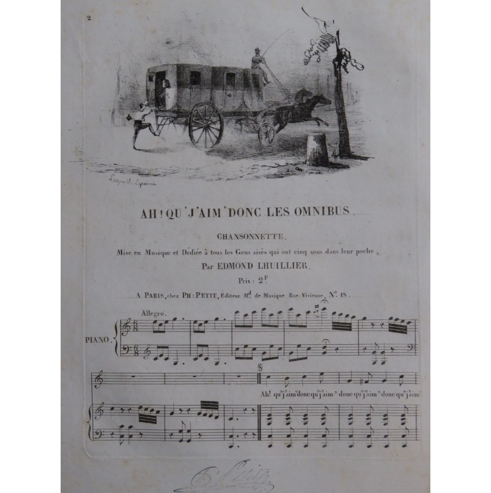 LHUILLIER Edmond Ah ! Qu'j'aim' donc les Omnibus Chant Piano ca1830