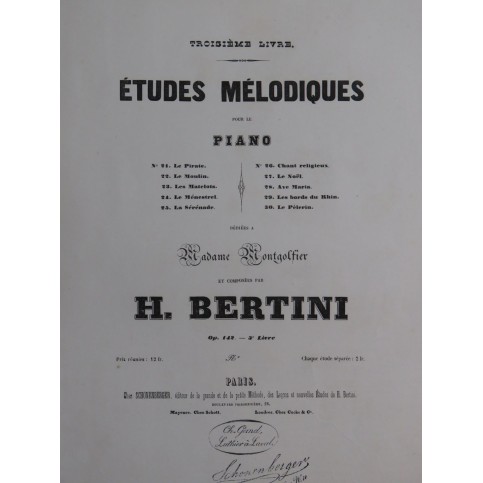 BERTINI Henri Etudes Mélodiques op 142 3e Livre Piano ca1845