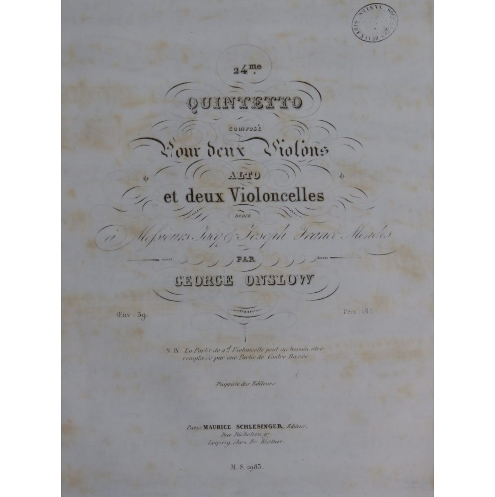 ONSLOW George Quintette No 24 op 59 Violon Alto Violoncelle ca1840