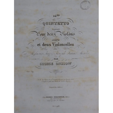 ONSLOW George Quintette No 24 op 59 Violon Alto Violoncelle ca1840