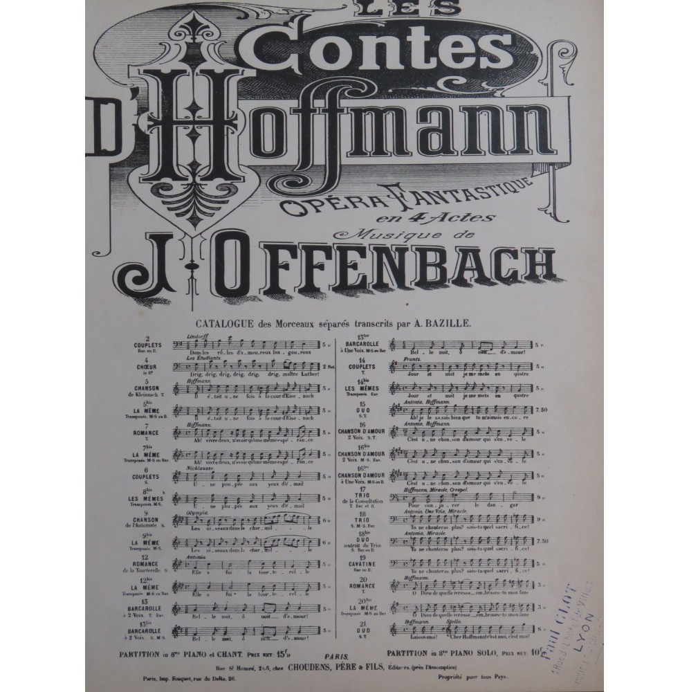 OFFENBACH Jacques Les Contes d'Hoffmann No 16 Chant Piano ca1881