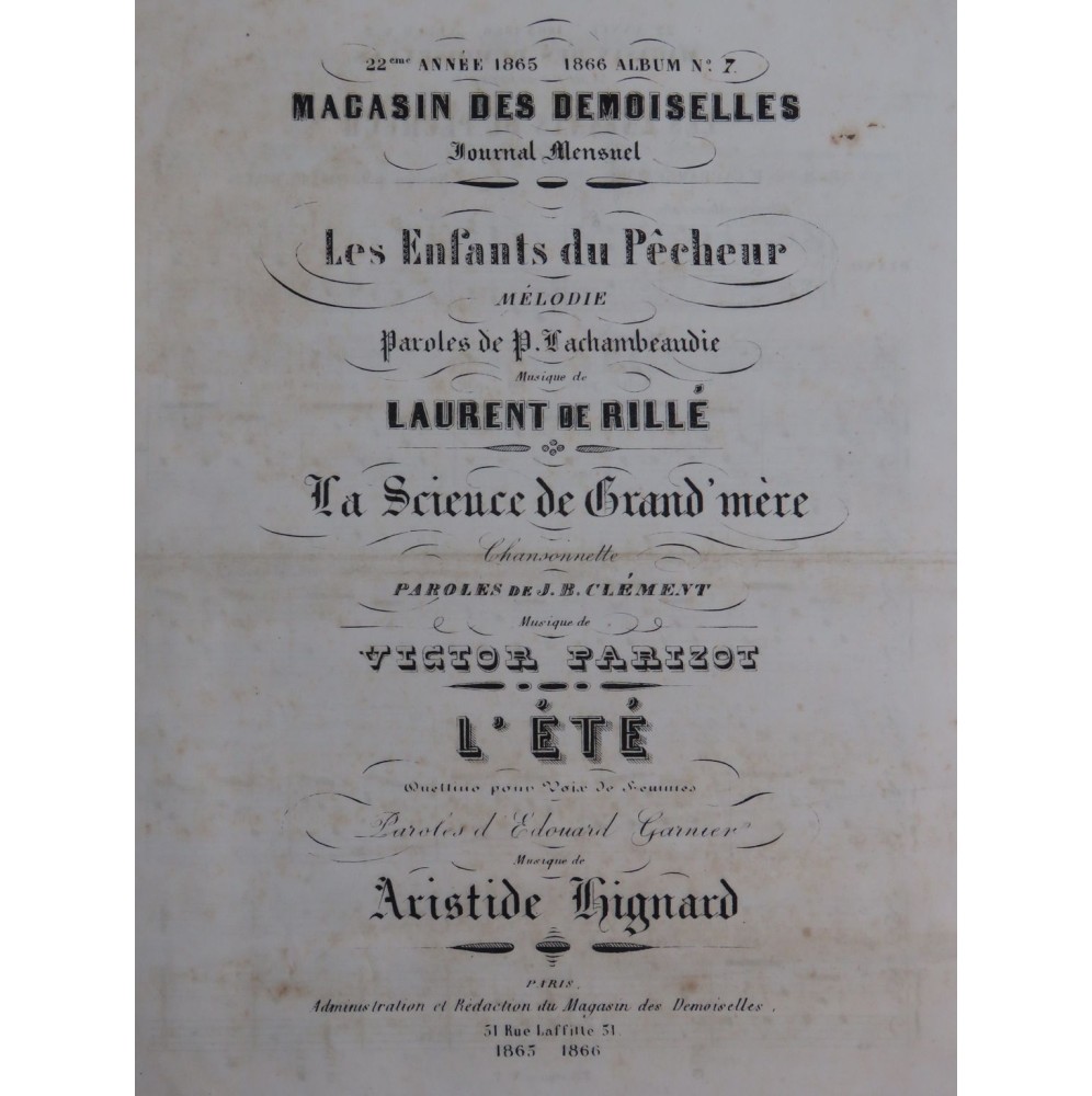 DE RILLÉ PARIZOT HIGNARD Pièces Chant Piano 1866