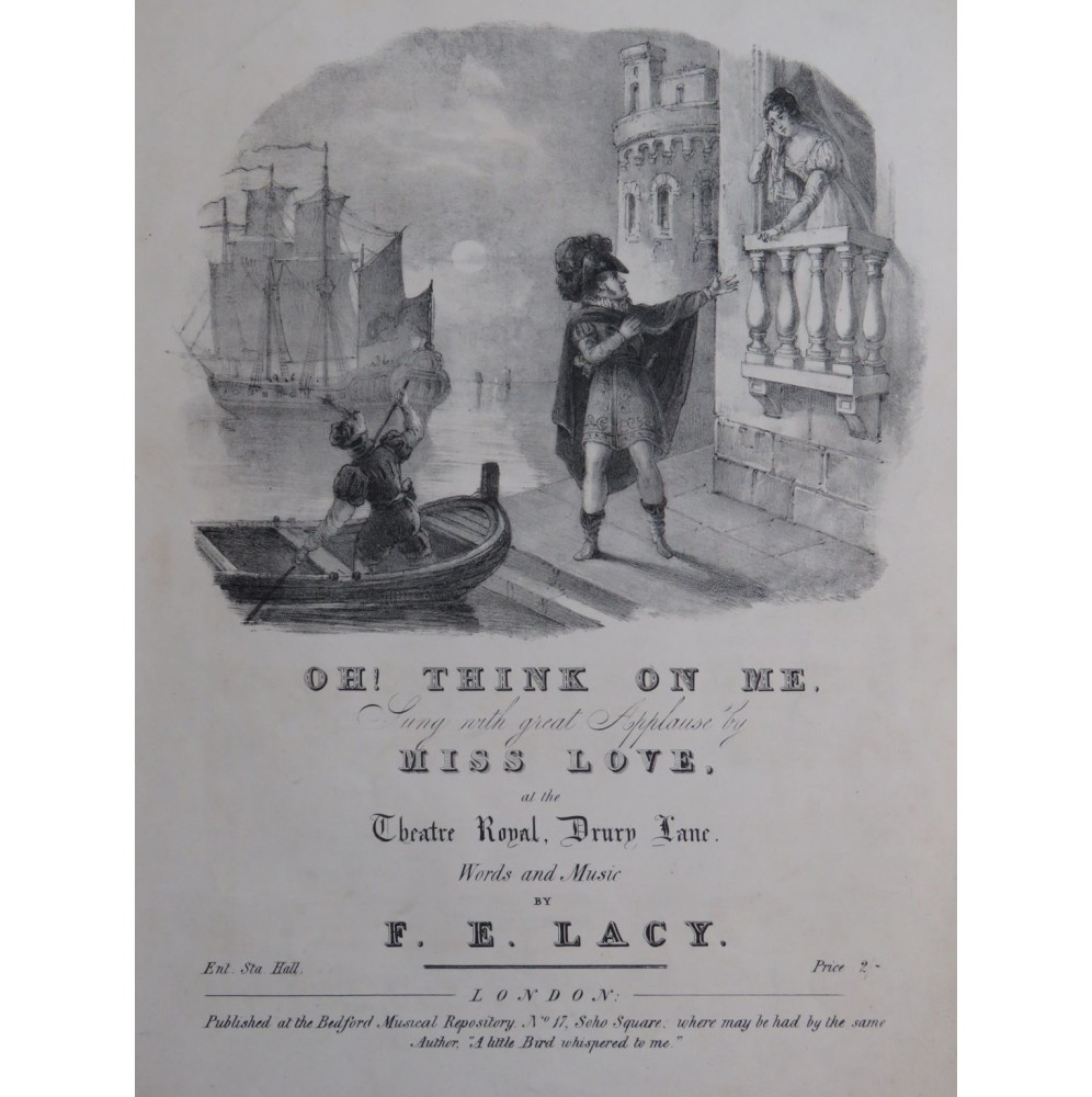 LACY F. E. Oh ! Think on me Chant Piano ca1830