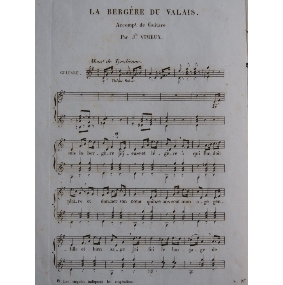 VIMEUX Joseph La Bergère du Valais Chant Guitare ca1830