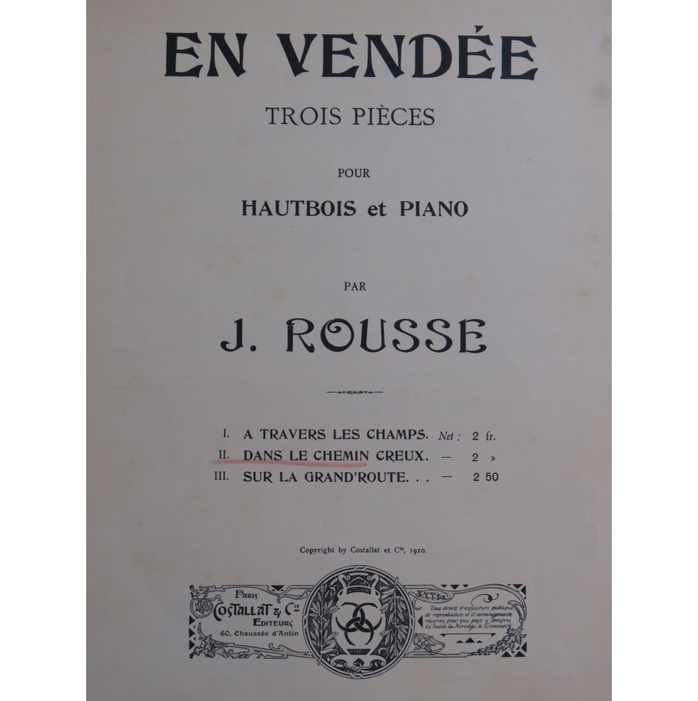 ROUSSE J. En Vendée No 2 Dans le Chemin Creux Piano Hautbois 1910