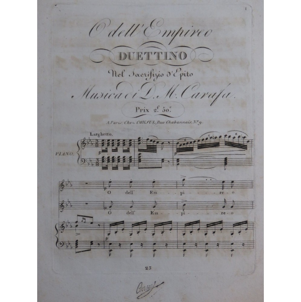 CARAFA Michele O dell' Empireo Chant Piano ca1820