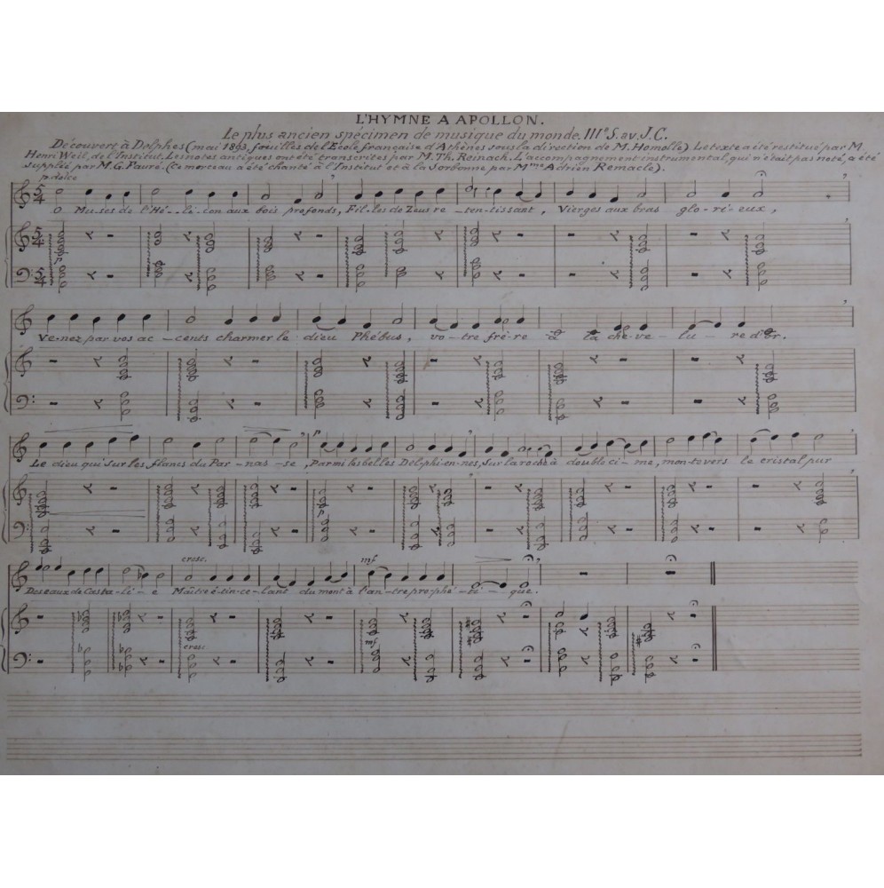 L'Hymne à Apollon 3e Siècle avant J. C. Manuscrit Chant Harpe