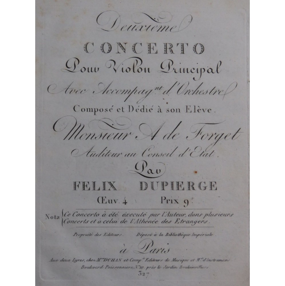 DUPIERGE Félix Concerto No 2 op 4 1er Violon ca1805