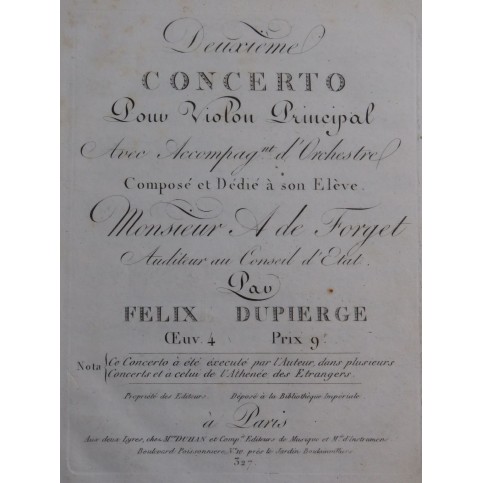DUPIERGE Félix Concerto No 2 op 4 1er Violon ca1805