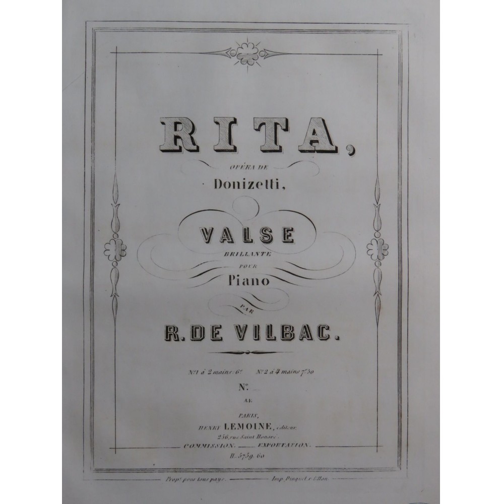 DE VILBAC Renaud Valse Brillante sur Rita Piano 4 mains ca1860