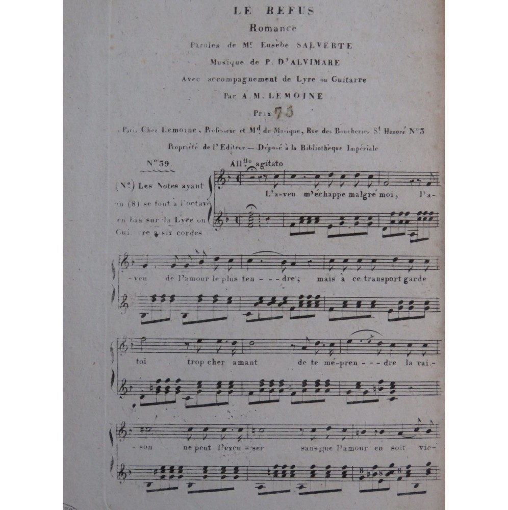 D'ALVIMARE Martin Pierre Le Refus Romance Chant Guitare ca1820