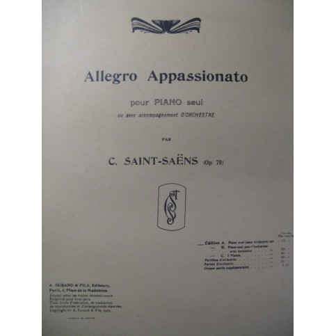 SAINT-SAËNS Camille Allegro Appassionato Piano 1931