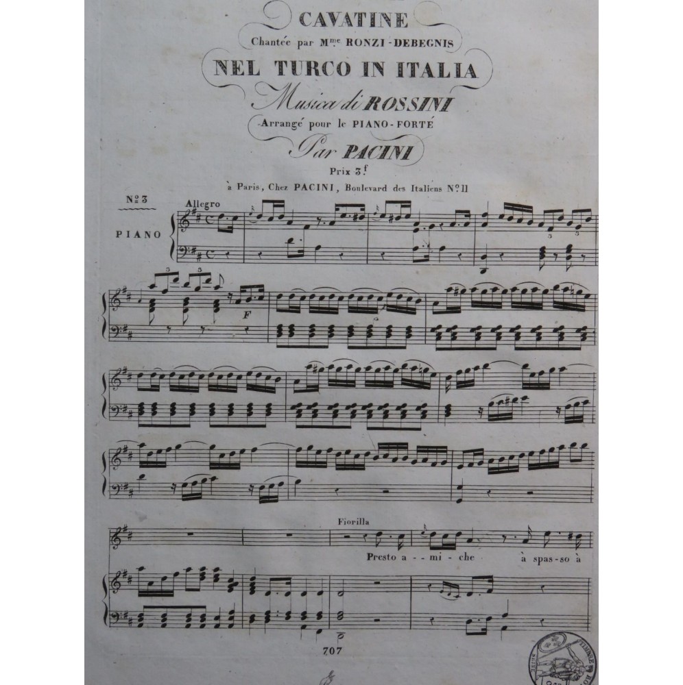 ROSSINI G. Il Turco in Italia No 3 Chant Piano ca1820