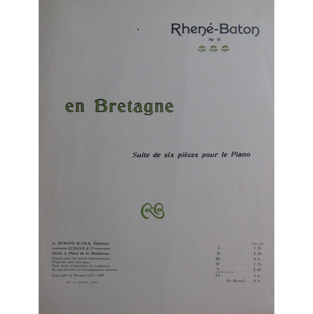 RHENÉ-BATON En Bretagne op 13 No 5 Piano 1909