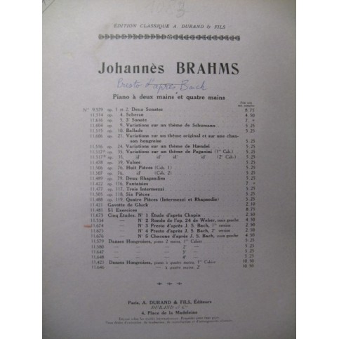 BRAHMS Johannes Presto d'après Bach Piano 1929