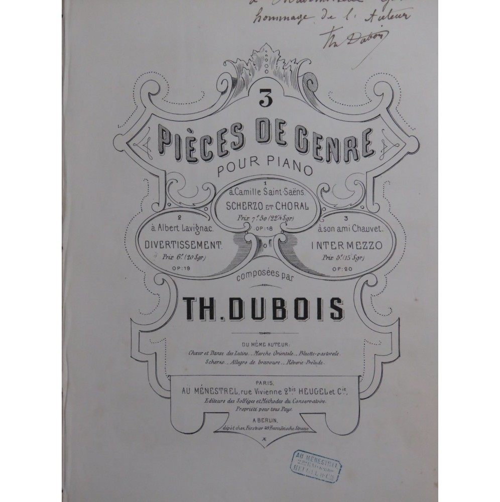 DUBOIS Théodore Intermezzo op 20 Dédicace Piano 1870