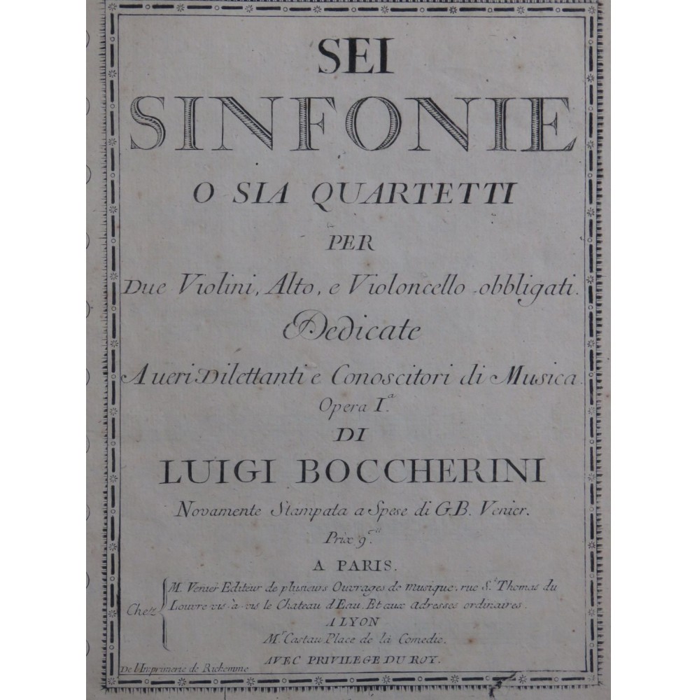 BOCCHERINI Luigi Sei Sinfonie o Sia Quartetti op 2 Violette ca1767